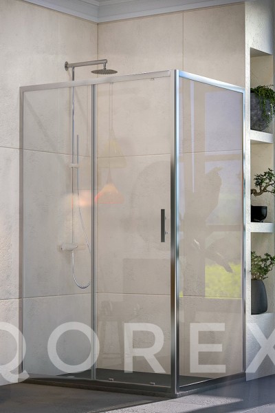 QOREX - ZHENİT SERİSİ - GÜMÜŞ - 1 SABİT 1 KAYAR 1 YAN PANEL DİKDÖRTGEN - ŞEFFAF CAM