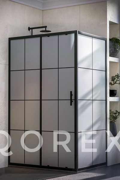 ORİS SİYAH - 1 SABİT 1 KAYAR 1 YAN PANEL DİKDÖRTGEN - KAROLAJ KUMLAMA CAM ( Q-ORİS-S-1S1K1P-DİK-BK )