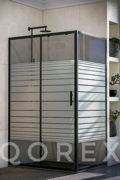 ORİS SİYAH - 1 SABİT 1 KAYAR 1 YAN PANEL DİKDÖRTGEN - KUMLAMA CAM ( Q-ORİS-S-1S1K1P-DİK-K )