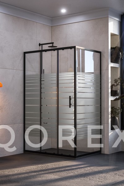 ORİS SİYAH - 1 SABİT 2 KAYAR 1 YAN PANEL DİKDÖRTGEN - KUMLAMA CAM ( Q-ORİS-S-1S2K1P-DİK-K )