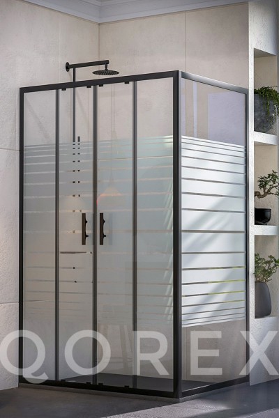 ORİS SİYAH - 2 SABİT 2 KAYAR YAN PANEL DİKDÖRTGEN - KUMLAMA CAM ( Q-ORİS-S-2S2K1P+DİK-K )