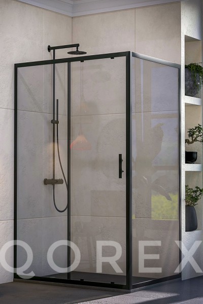 QOREX SİYAH - 1 SABİT 1 KAYAR 1 YAN PANEL DİKDÖRTGEN - ŞEFFAF CAM