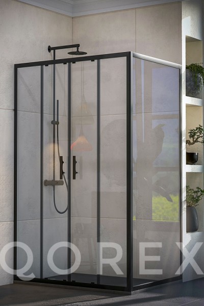 QOREX SİYAH - 2 SABİT 2 KAYAR YAN PANEL DİKDÖRTGEN - ŞEFFAF CAM
