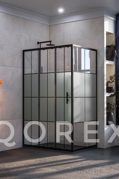 ORİS SİYAH - 1 SABİT 2 KAYAR 1 YAN PANEL DİKDÖRTGEN - KAROLAJ YARI KUMLAMA CAM ( Q-ORİS-S-1S2K1P-DİK-BYK )