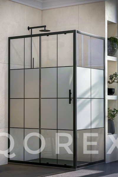 ORİS SİYAH - 1 SABİT 1 KAYAR 1 YAN PANEL DİKDÖRTGEN - KAROLAJ YARI KUMLAMA CAM ( Q-ORİS-S-1S1K1P-DİK-BYK )