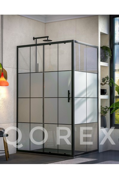 ORİS SİYAH - 1 SABİT 1 KAYAR 1 YAN PANEL DİKDÖRTGEN - KAROLAJ YARI KUMLAMA CAM ( Q-ORİS-S-1S1K1P-DİK-BYK )