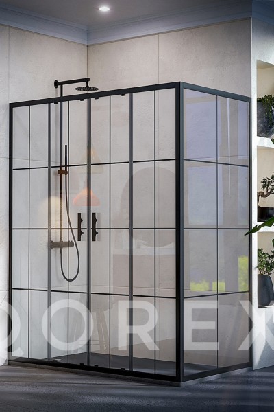 ORİS SİYAH - 2 SABİT 2 KAYAR YAN PANEL DİKDÖRTGEN - KAROLAJ CAM ( Q-ORİS-S-2S2K1P+DİK-B )