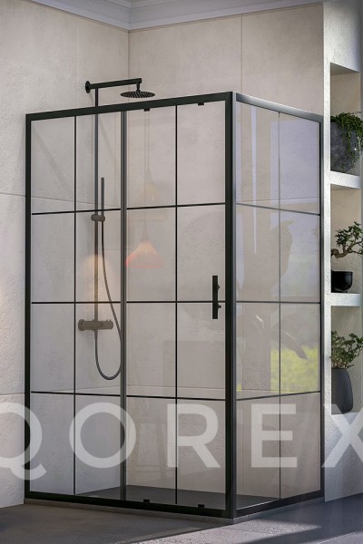 ORİS SİYAH - 1 SABİT 1 KAYAR 1 YAN PANEL DİKDÖRTGEN - KAROLAJ CAM ( Q-ORİS-S-1S1K1P-DİK-B )