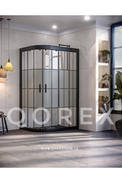 RUBİN SİYAH - 2 SABİT 2 KAYAR ASİMETRİK OVAL - YARI KUMLAMA KAROLAJ CAM ( Q-RBN-S-2S2K-AO-BYK )