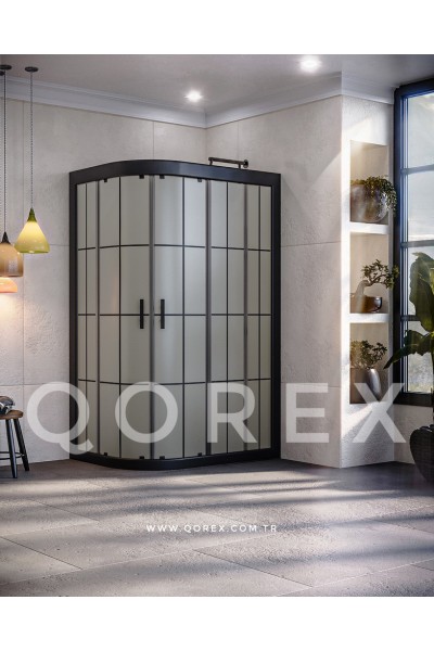 RUBİN SİYAH - 2 SABİT 2 KAYAR ASİMETRİK OVAL - KUMLAMA KAROLAJ CAM ( Q-RBN-S-2S2K-AO-BK )